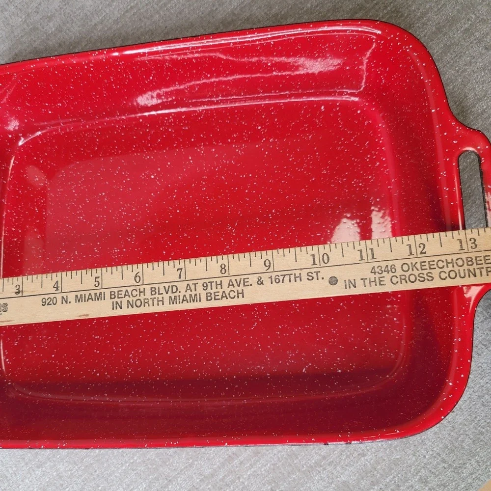 Crate and Barrel Tinware Red White Spatter Enamelware 12 1/2